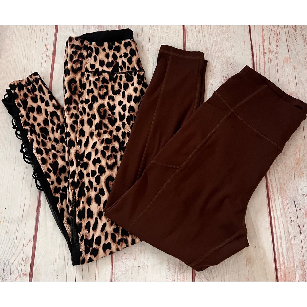 Victoria Secret Leggings Bundle Size 12 Brown Pocket Leopard Lace Up Mesh 2PK